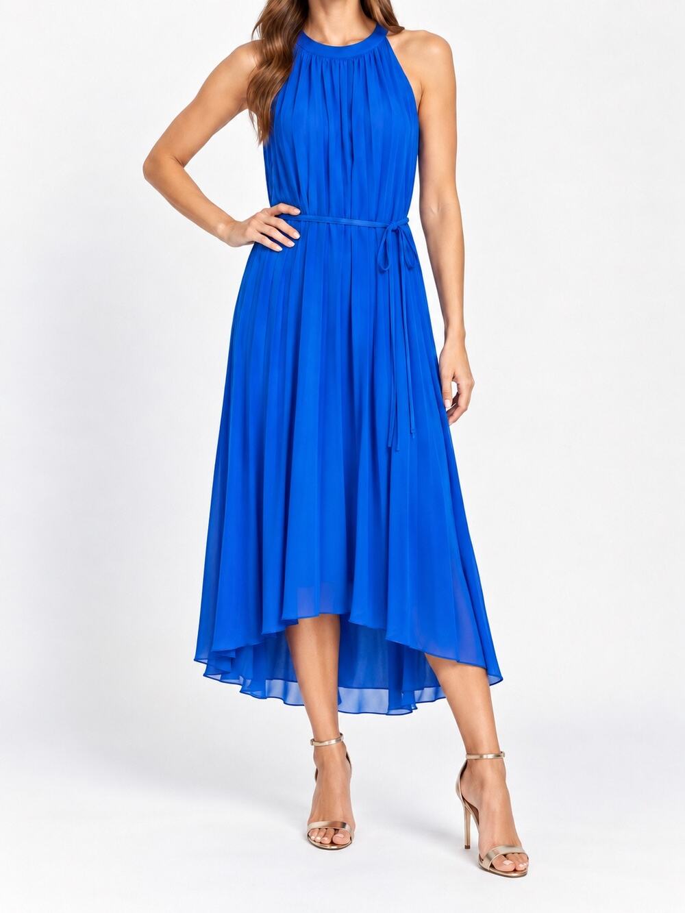 New York & Company Electric Blue Pleated High Low Maxi Dress Belted XS Cocktail